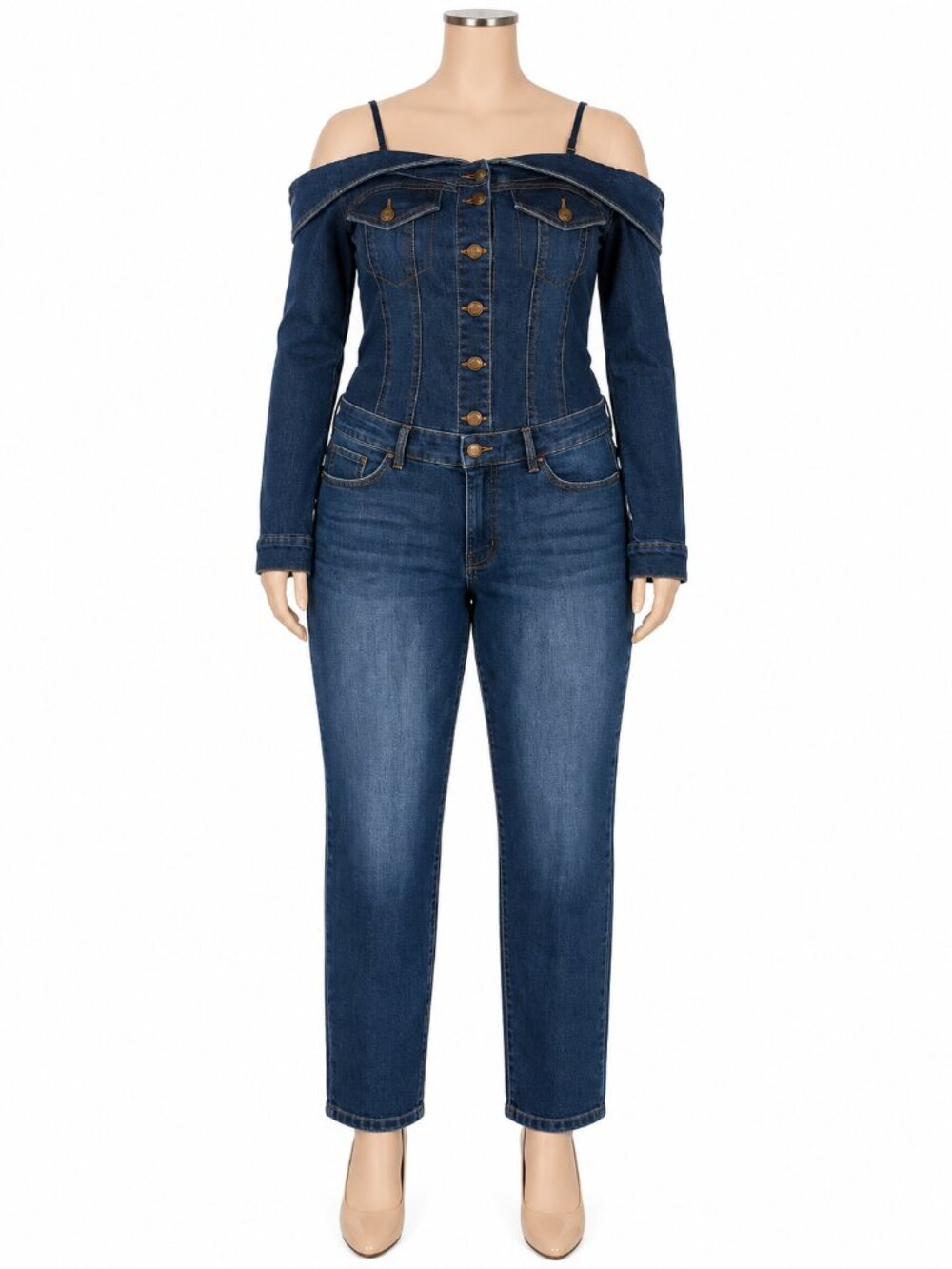 VENUS Off-the-Shoulder Denim Jumpsuit | Long Sleeve One-Piece | Women's Petite 2
